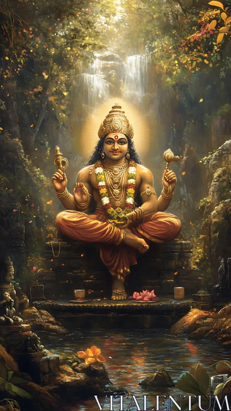 Golden forest deity in serene waterfall-lit shrine.