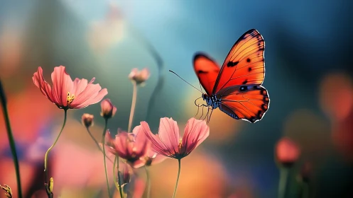 Sunlit amber butterfly drifting over whisper-soft blossoms.