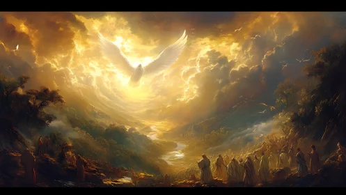 Radiant dove ascends above robed figures in glowing valley.