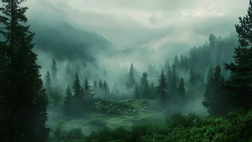 Misty Alpine Valley: Layered Mountain Landscape with Atmospheric Fog
