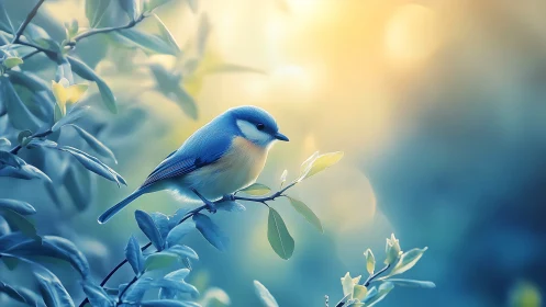 Blue songbird on branch in dreamy soft focus, pastel nature art.