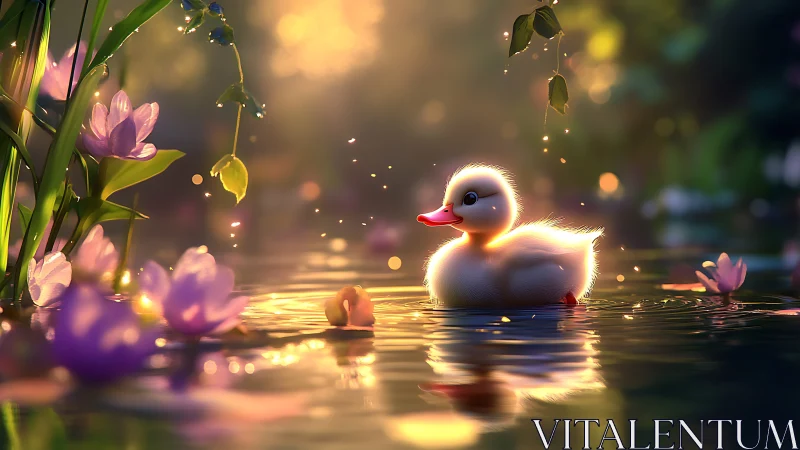 Duckling drifts through sunlit petals on a shimmered pond.