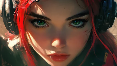 Red-haired gamer heroine with intense emerald gaze. Period.