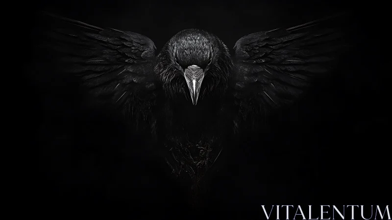 Symmetric raven portrait isolates iridescent plumage on black