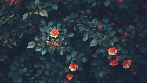 Coral Roses in Deep Teal Garden Foliage Landscape.