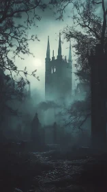 Gothic cathedral tower rises through dense blue-green fog