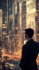 Man Gazes Golden Urban Skyline at Dusk.