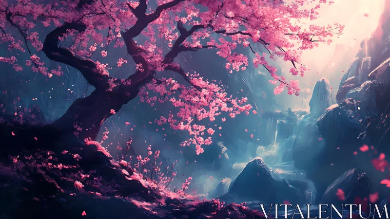 Cherry blossom tree dominates misty valley with waterfalls