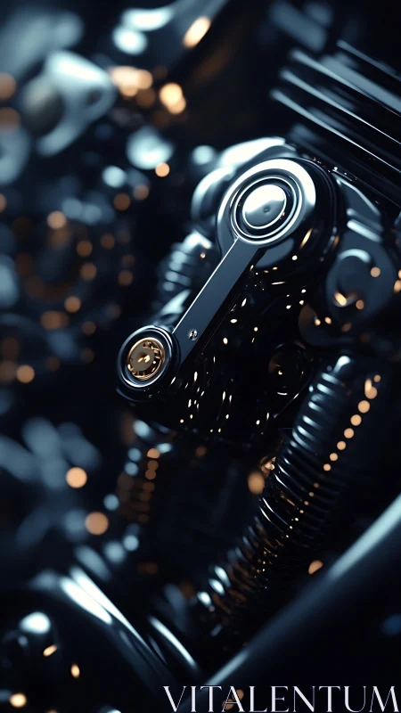 Chrome engine close-up glowing with soft urban light.