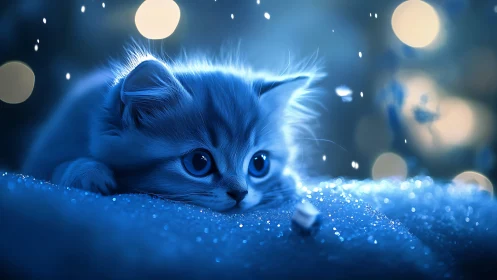 Luminescent Blue Kitten in Ethereal Sparkle Environment