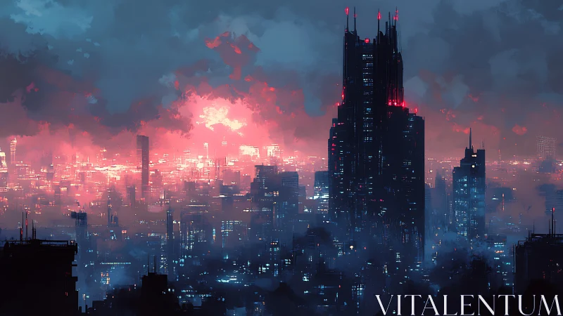 Neon storm over midnight megatower in fogbound sprawl.