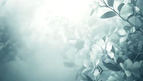 Soft teal blossoms drift through luminous spring haze.