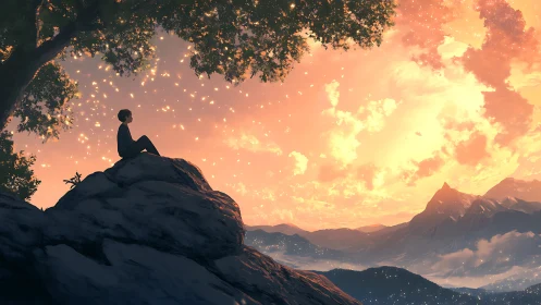 Silhouette on rocky hill under glowing orange twilight sky.