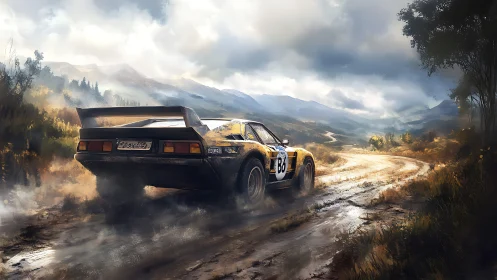 Rear three-quarter rally car on muddy mountain switchback track