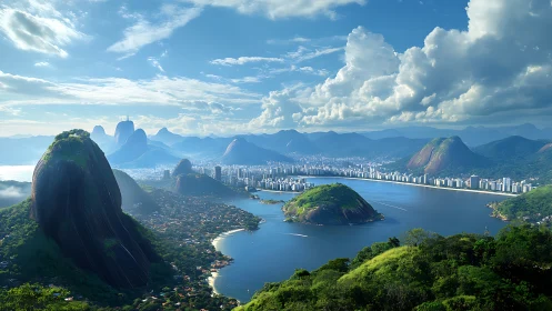 Tropical bay city with lush mountains and bright skyline.