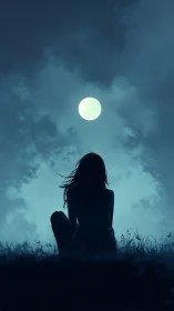 Quiet night under the moon with a girl lost in thought.