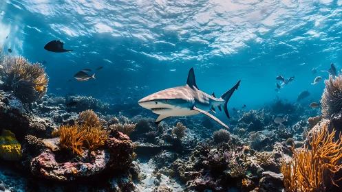 Grey reef shark patrols a vibrant tropical coral reef seascape.