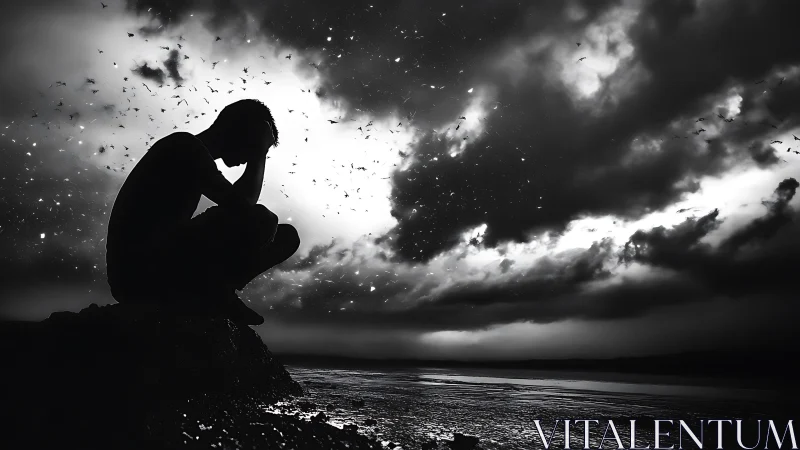 Quietly facing the storm within under a dramatic sky.