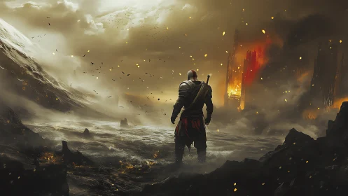 Armored warrior surveys volcanic wasteland before burning citadel