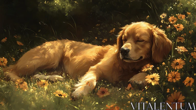 Golden retriever resting calmly among orange flowers.