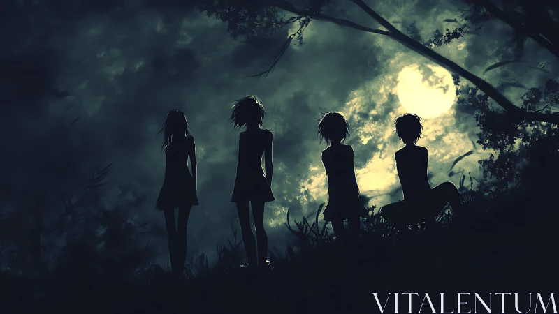 Silhouetted figures on hillside under full moonlit sky.