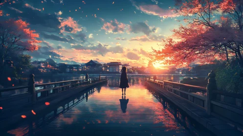 Digital painting of girl on reflective riverside bridge at sunset.
