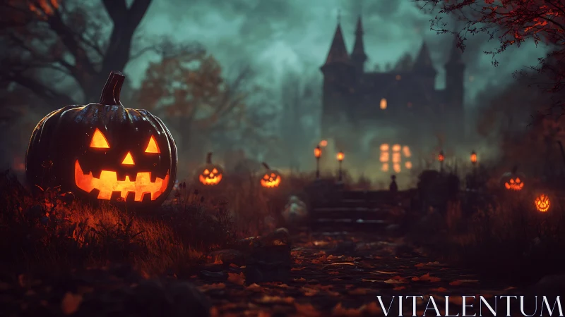 Volumetric-lit jack-o-lantern path approaching haunted castle.