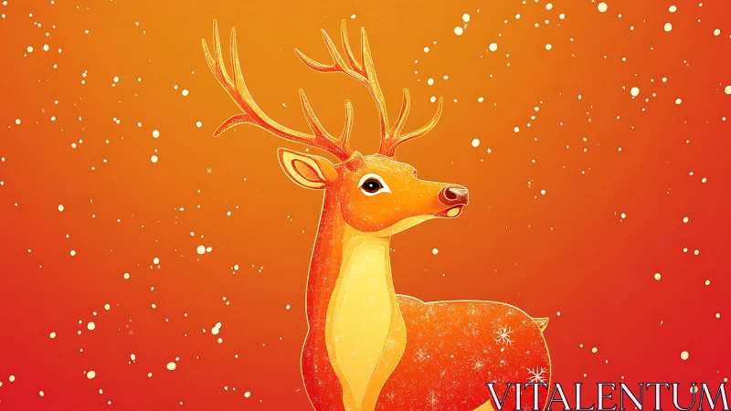 Golden winter reindeer glowing softly in falling snow.
