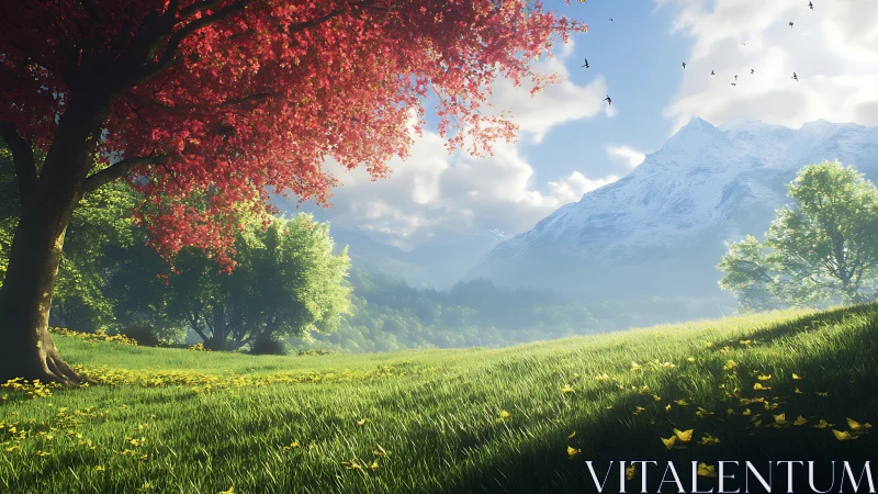 Sunlit mountain meadow with red tree and drifting petals.