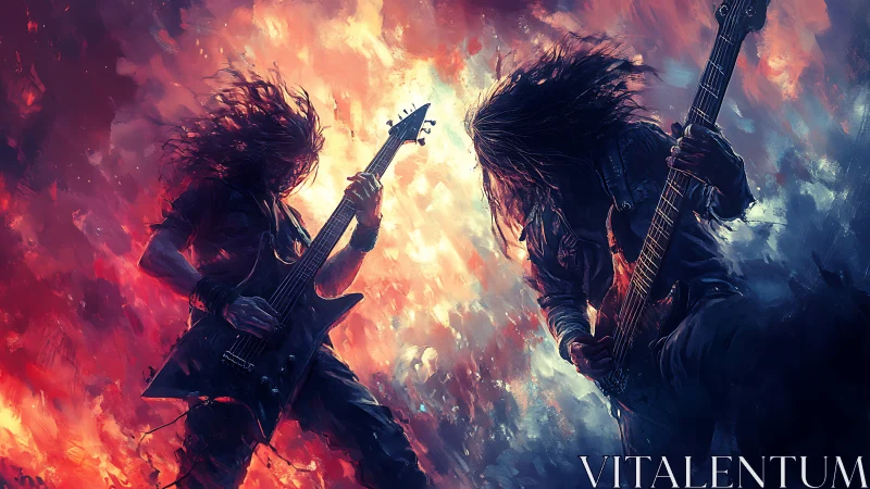 Heavy metal guitarists in explosive abstract stage lighting.