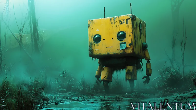 Lonely yellow box robot wandering misty swamp landscape.