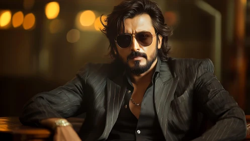 Low-key portrait of suited man with shallow depth and bokeh highlights