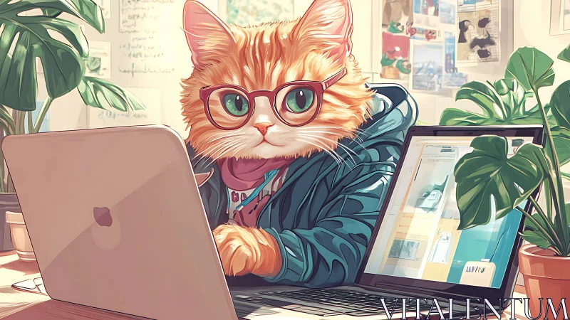 Anthropomorphic Orange Tabby Cat at Workspace Desk.