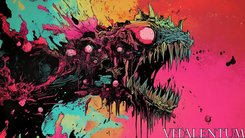 Mutated monster fish head erupts across neon splatter canvas