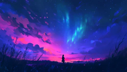 Silhouette watching aurora over vivid twilight field.