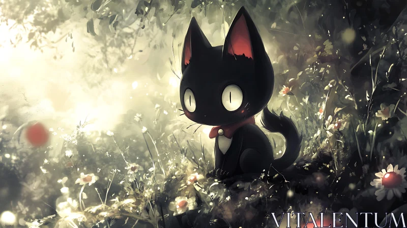 Wide-eyed black cat in glowing flower forest twilight.