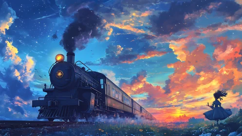 Steam train under vivid sunset sky with silhouetted figure.