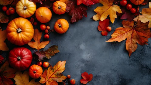 Colorful pumpkins frame dark autumn background surface