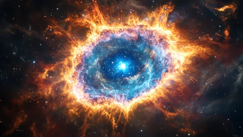 Fiery cosmic nebula ring around bright blue star in space.