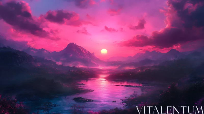 Vivid pink sunset over river valley and distant mountains.