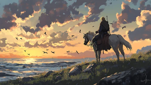 Rider on coastal cliff observes sunset-lit ocean under dynamic clouds