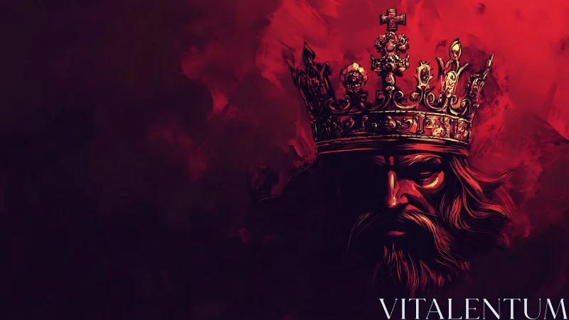 King’s crowned face emerges from dark red painted background