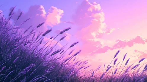 Lavender field silhouettes under glowing pink sunset sky.