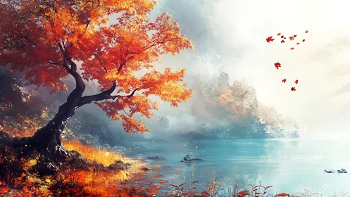 Autumn tree by misty lake with red foliage and bright water.