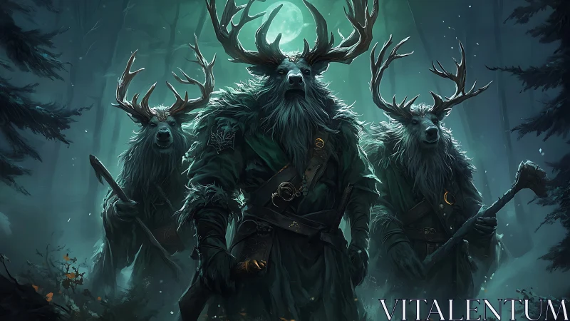Antlered forest guardians stalk misty moonlit woodland