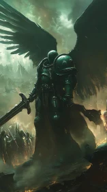 Winged obsidian warlord strides through stormlit battlefield.