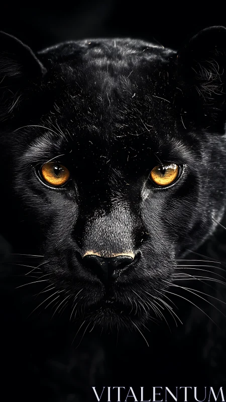 Black Panther Close-up with Luminous Amber Eyes Against Dark Background