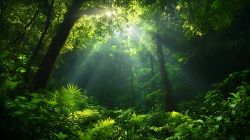 Sunlight Filtering Through a Lush Forest Canopy.