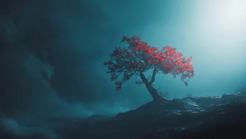 Scarlet dreamtree leaning into turquoise stormlight hush.