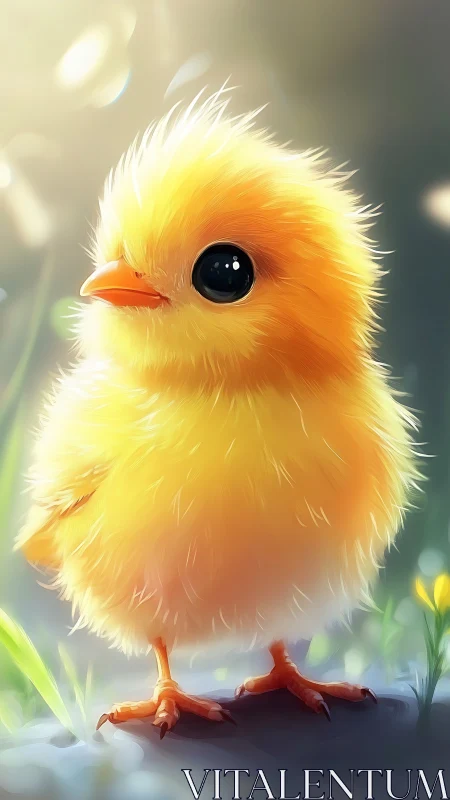 Luminous Yellow Chick Portrait with Impressionistic Feather Rendering.